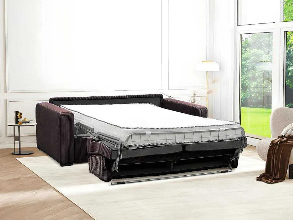 Express-Driezitsslaapbank Van Bruin Ribfluweel - Bed 140 Cm - Matras 18 Cm - Mondovi-Vente-unique Outlet