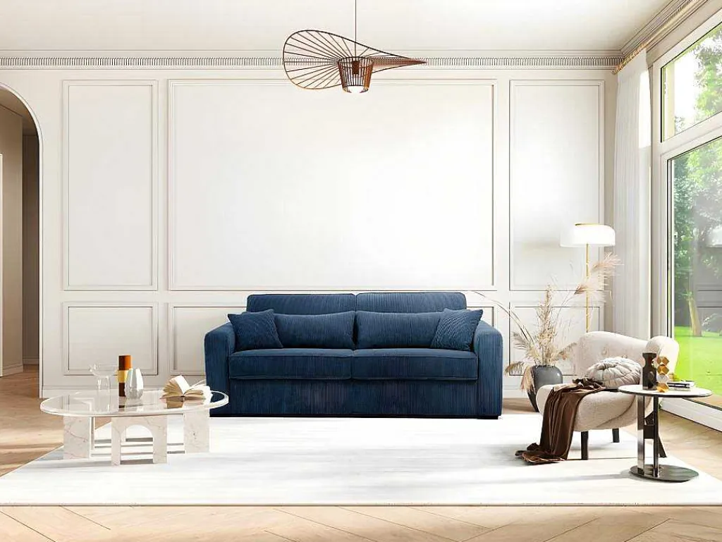 Express-Vierzitsslaapbank Van Blauw Ribfluweel - Bed 160 Cm - Matras 18 Cm - Mondovi-Vente-unique Best