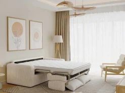 Express-Vierzitsslaapbank Van Beige Ribfluweel - Bed Met Brede Latten 160 Cm - Matras 18 Cm - Bevis-Vente-unique Outlet