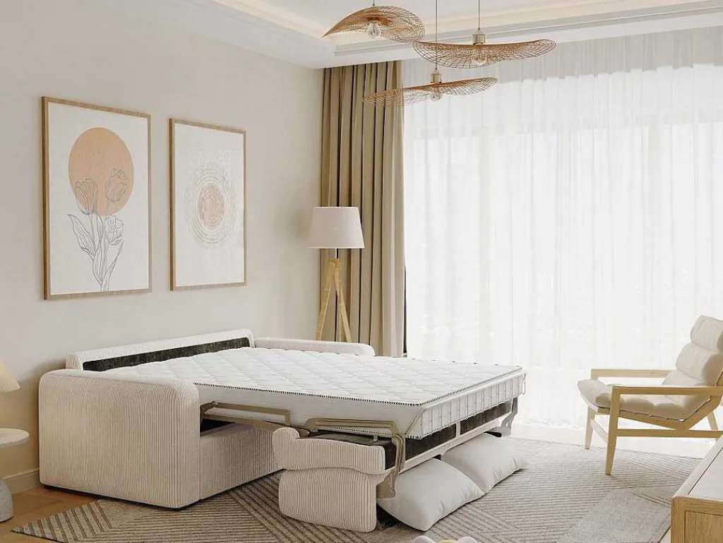 Express-Vierzitsslaapbank Van Beige Ribfluweel - Bed Met Brede Latten 160 Cm - Matras 18 Cm - Bevis-Vente-unique Outlet