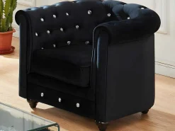 Fauteuil Chesterfield - Fluweel - Zwart Met Kristallen Knopen-Vente-unique New