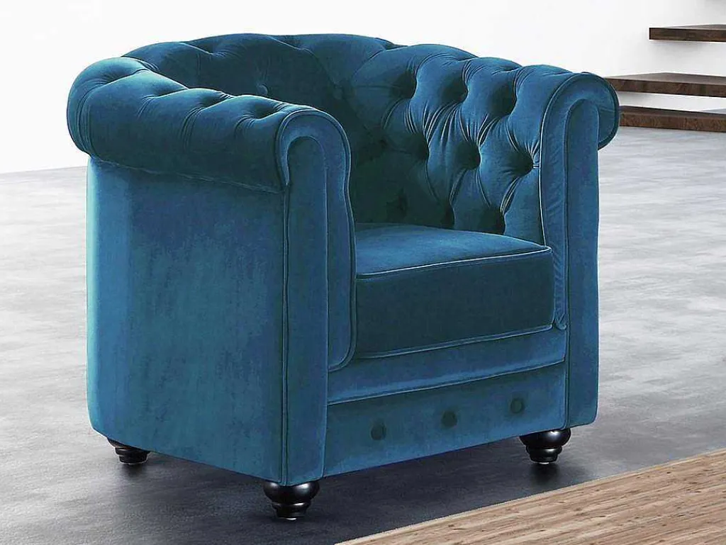 Fauteuil Chesterfield - Fluweel - Eend Blauw-Vente-unique Discount