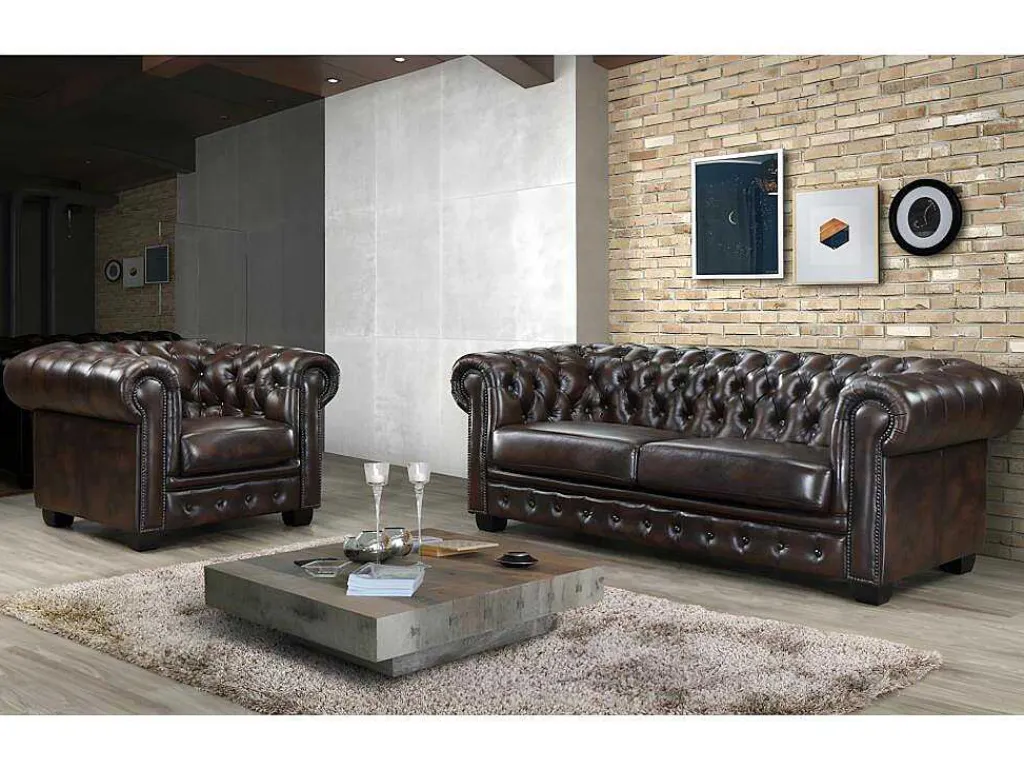 Fauteuil Chesterfield Brenton 100% Buffelleer - Bruin Tinten-LINEA SOFA Online