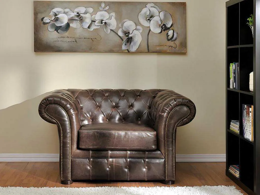 Fauteuil Chesterfield Clotaire Van 100% Leer Met Lived-In Aspect-Vente-unique Discount
