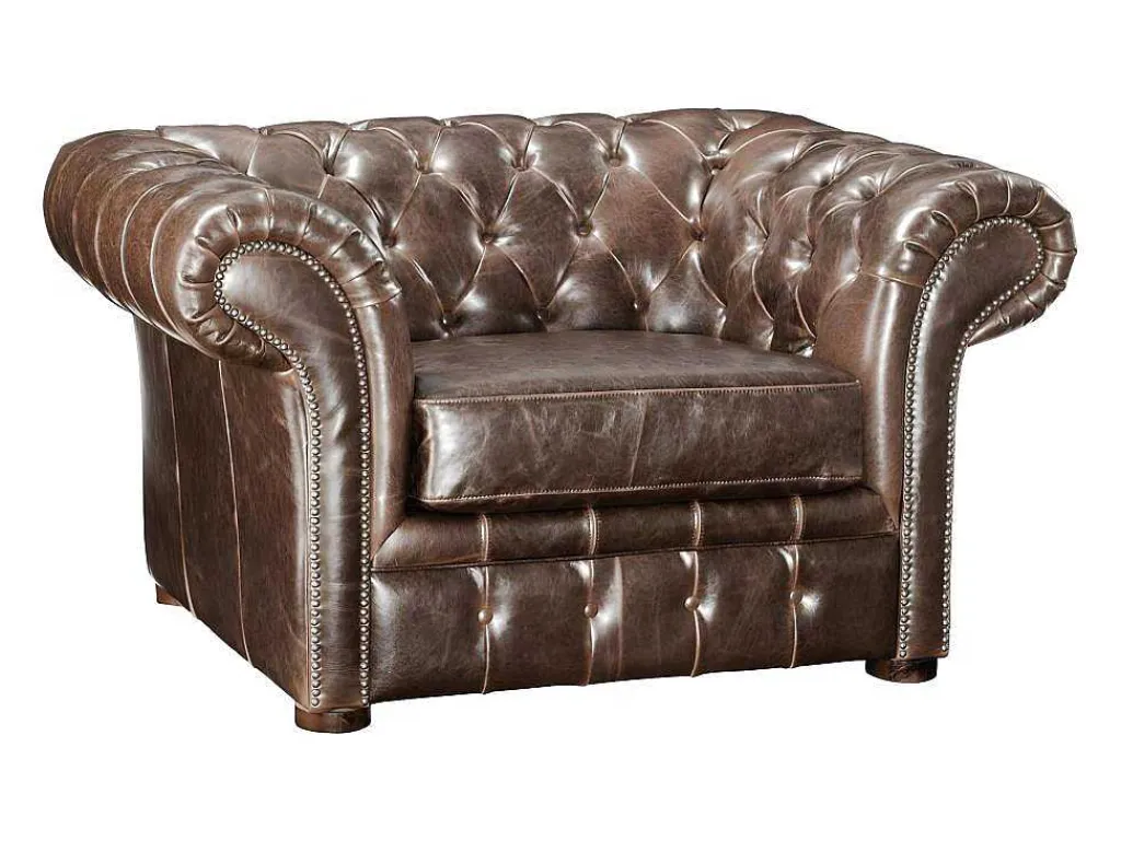 Fauteuil Chesterfield Clotaire Van 100% Leer Met Lived-In Aspect-Vente-unique Discount