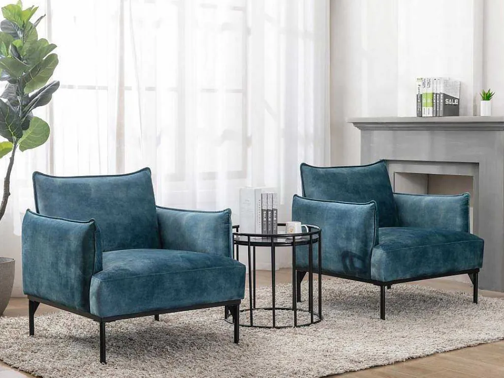Fauteuil Eendenblauw Fluweel Joel-Vente-unique