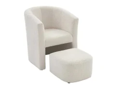 Fauteuil Met Holle Rugleuning En Poef In Witte Bouclestof Jovana-Vente-unique Hot
