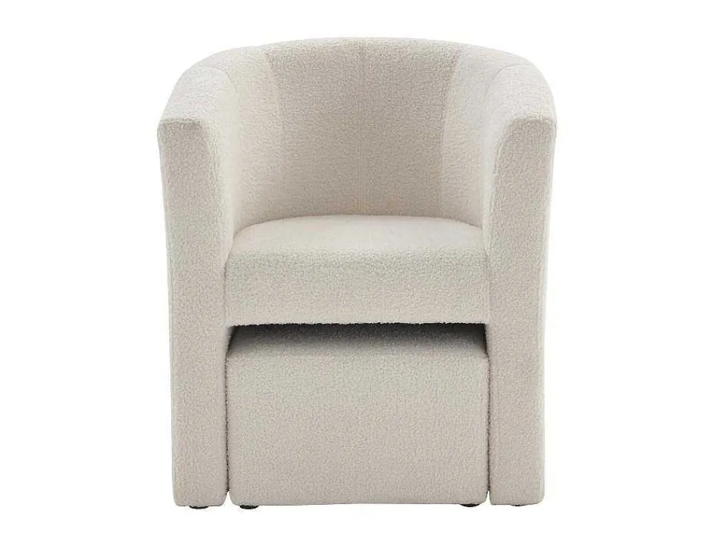 Fauteuil Met Holle Rugleuning En Poef In Witte Bouclestof Jovana-Vente-unique Hot
