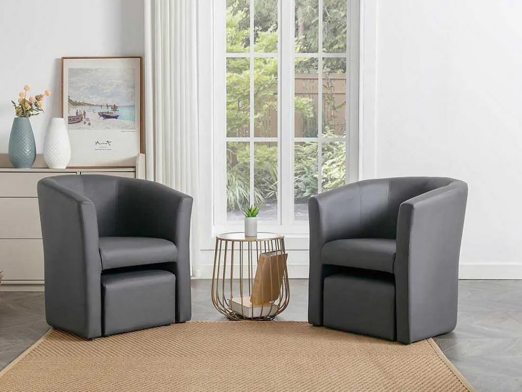 Fauteuil Met Holle Rugleuning En Poef In Grijs Kunstleer Jovana-Vente-unique Clearance