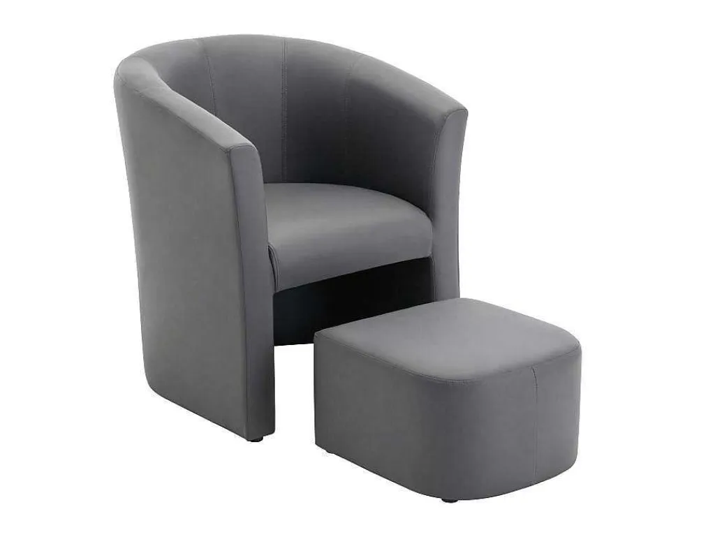 Fauteuil Met Holle Rugleuning En Poef In Grijs Kunstleer Jovana-Vente-unique Clearance