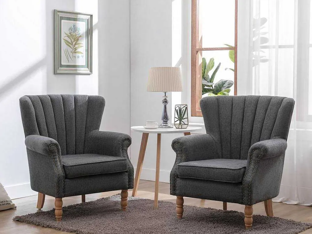 Fauteuil Van Antracietkleurige Stof Met Klinknagels Batoumi-Vente-unique Hot