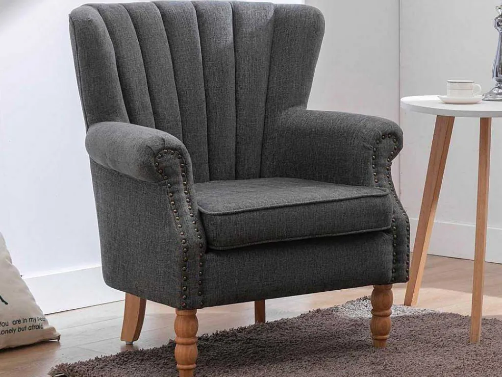 Fauteuil Van Antracietkleurige Stof Met Klinknagels Batoumi-Vente-unique Hot