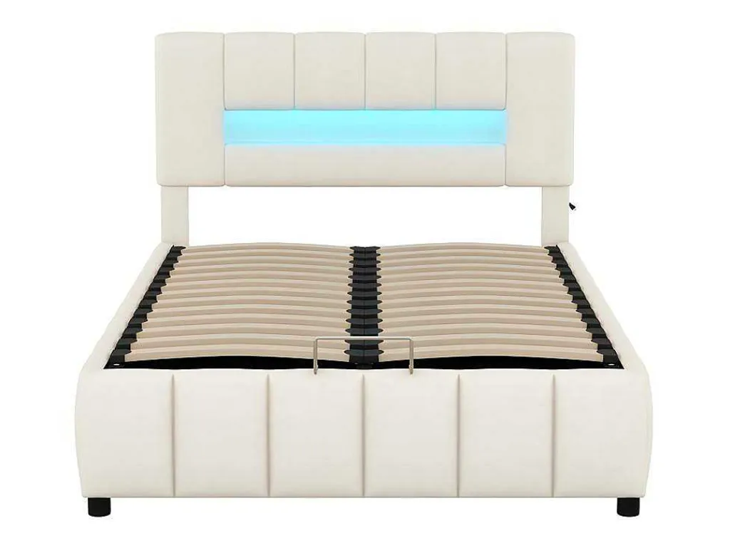 Fluwelen Opbergbed Met Led En Lattenbodem - 140X200Cm - Beige-ModernLuxe Online