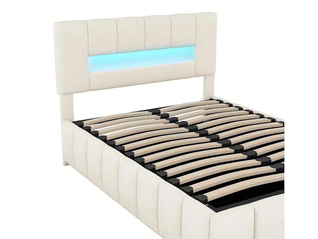 Fluwelen Opbergbed Met Led En Lattenbodem - 140X200Cm - Beige-ModernLuxe Online