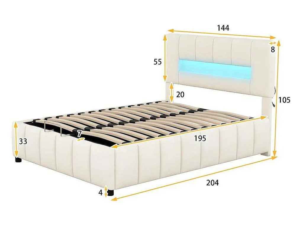 Fluwelen Opbergbed Met Led En Lattenbodem - 140X200Cm - Beige-ModernLuxe Online