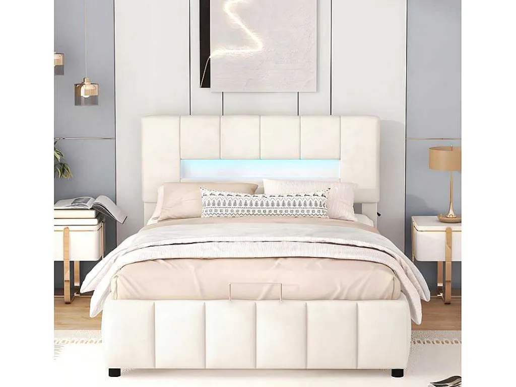 Fluwelen Opbergbed Met Led En Lattenbodem - 140X200Cm - Beige-ModernLuxe Online