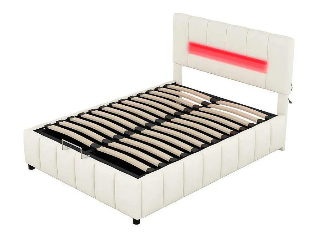 Fluwelen Opbergbed Met Led En Lattenbodem - 140X200Cm - Beige-ModernLuxe Online