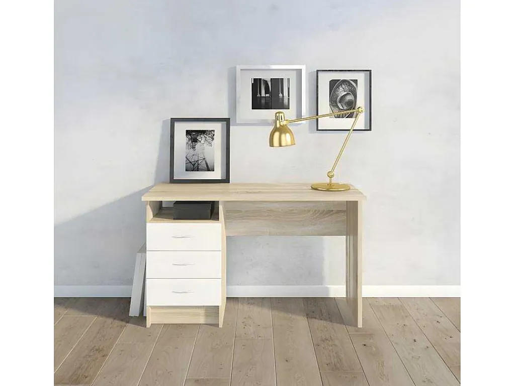 Fula Bureau 3 Lades Eiken Structuur Decor En Wit.-Vente-unique Best