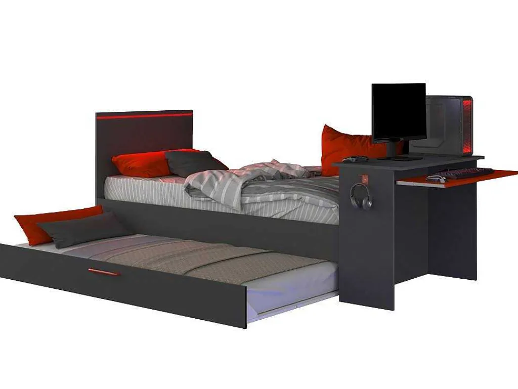 Gamer Bed 2 X 90 X 200 - Met Bureau - Led'S - Antraciet En Rood + Bedbodem - Vouani-Vente-unique Sale