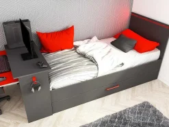 Gamer Bed 2 X 90 X 200 - Met Bureau - Led'S - Antraciet En Rood + Bedbodem - Vouani-Vente-unique Sale