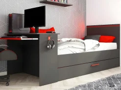 Gamer Bed 2 X 90 X 200 - Met Bureau - Led'S - Antraciet En Rood + Bedbodem - Vouani-Vente-unique Sale