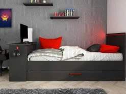 Gamer Bed 2 X 90 X 200 - Met Bureau - Led'S - Antraciet En Rood + Bedbodem - Vouani-Vente-unique Sale