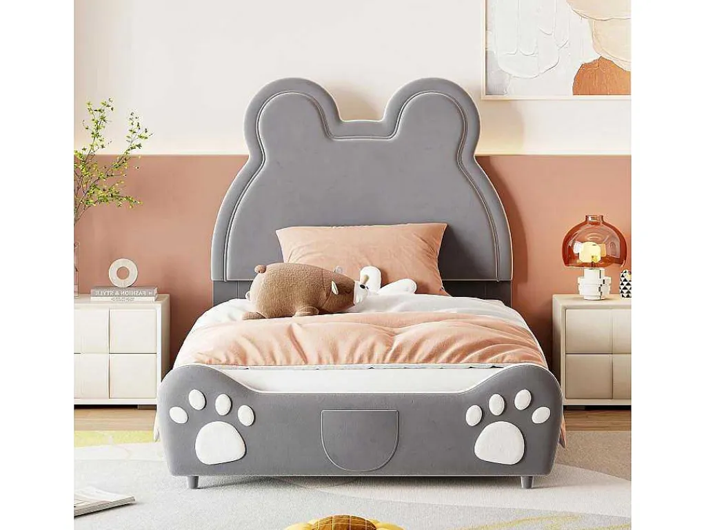 Gestoffeerd Bed Met Hoofdeinde 90 X 200 Cm - Beervorm - Fluweel - Grijs-Vente-unique