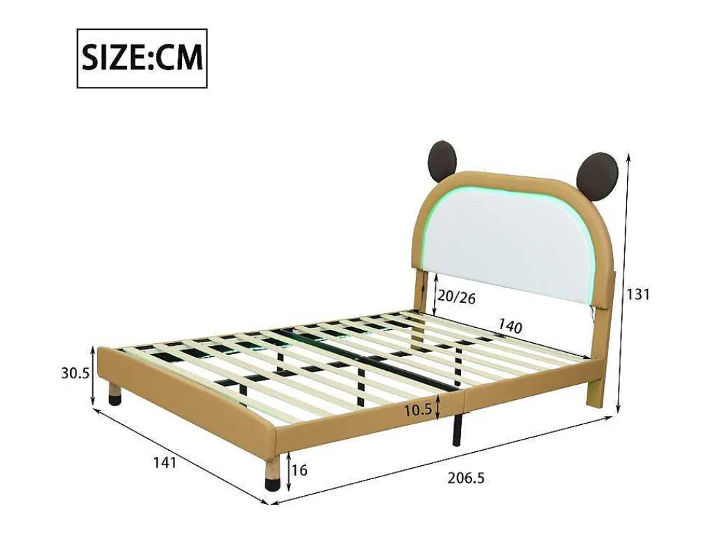 Gestoffeerd Bed Met Verstelbaar Hoofdbord 140 X 200 Cm - Led'S - Pu Leer - Geel + Bruin-Vente-unique Sale