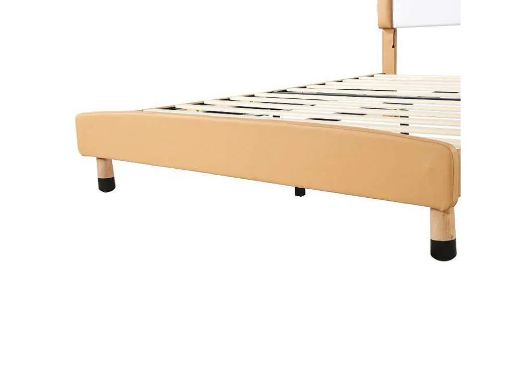 Gestoffeerd Bed Met Verstelbaar Hoofdbord 140 X 200 Cm - Led'S - Pu Leer - Geel + Bruin-Vente-unique Sale