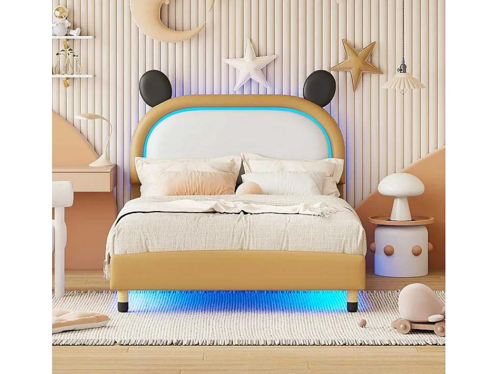 Gestoffeerd Bed Met Verstelbaar Hoofdbord 140 X 200 Cm - Led'S - Pu Leer - Geel + Bruin-Vente-unique Sale