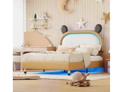 Gestoffeerd Bed Met Verstelbaar Hoofdbord 140 X 200 Cm - Led'S - Pu Leer - Geel + Bruin-Vente-unique Sale