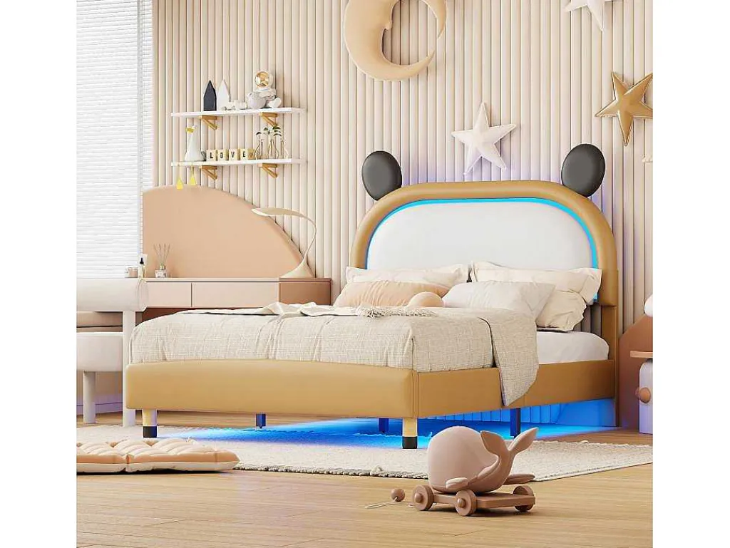 Gestoffeerd Bed Met Verstelbaar Hoofdbord 140 X 200 Cm - Led'S - Pu Leer - Geel + Bruin-Vente-unique Sale