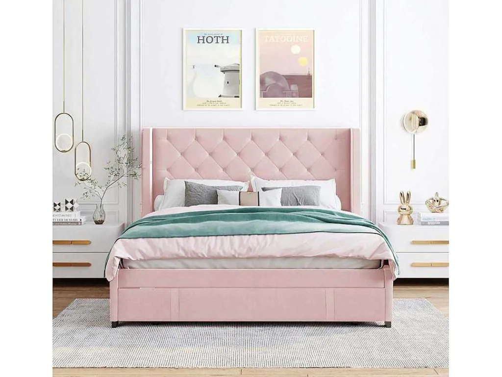 Gestoffeerd Bed 140X200Cm - Linnen Stof - Met Een Lade - Roze-ModernLuxe