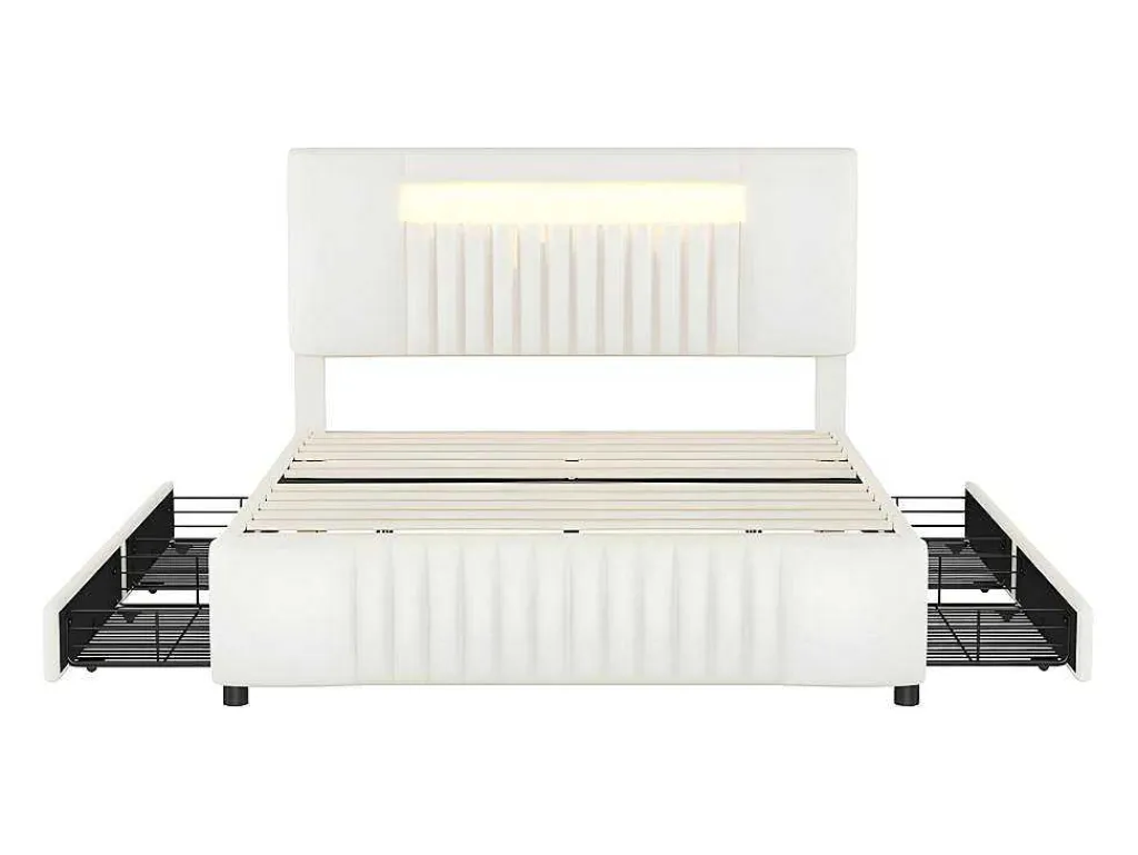 Gestoffeerd Bed 140X200Cm Met 4 Lades - Met Led + Usb Oplaadpoort + Lezer - Beige-ModernLuxe Outlet