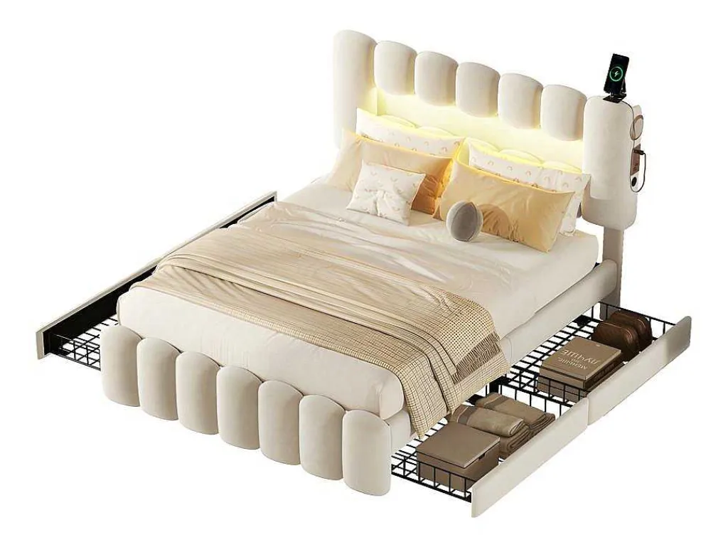 Gestoffeerd Bed 140X200Cm Met 4 Lades - Met Led + Usb Oplaadpoort + Lezer - Beige-ModernLuxe Outlet