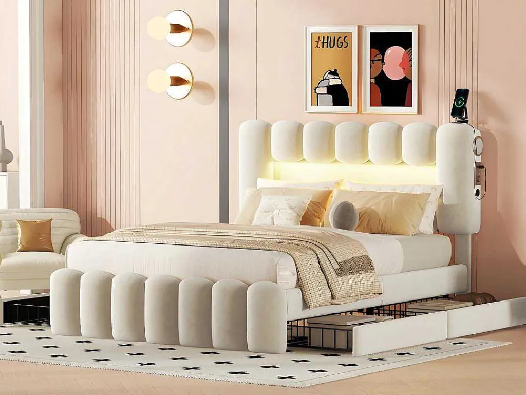 Gestoffeerd Bed 140X200Cm Met 4 Lades - Met Led + Usb Oplaadpoort + Lezer - Beige-ModernLuxe Outlet