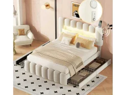 Gestoffeerd Bed 140X200Cm Met 4 Lades - Met Led + Usb Oplaadpoort + Lezer - Beige-ModernLuxe Outlet