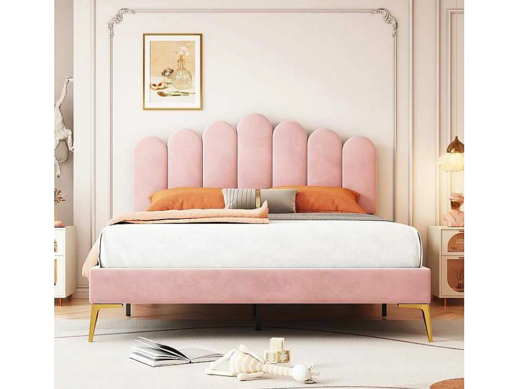 Gestoffeerd Fluwelen Bed 140X200Cm Met Lattenbodem - Verstelbaar Hoofdeinde - Roze-ModernLuxe Discount