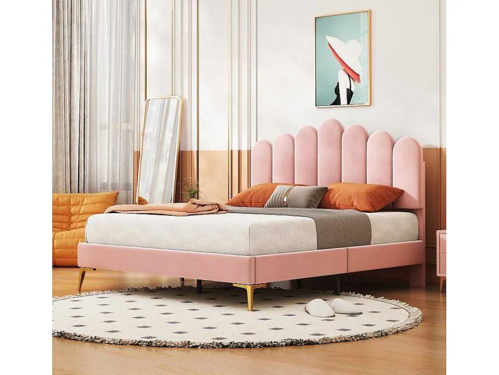 Gestoffeerd Fluwelen Bed 140X200Cm Met Lattenbodem - Verstelbaar Hoofdeinde - Roze-ModernLuxe Discount