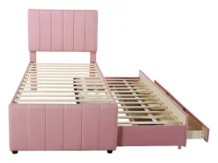 Gestoffeerd Linnen Bed 90X200Cm - Met Onderschuifbed Op Wielen En 3 Lades - Roze-ModernLuxe Clearance