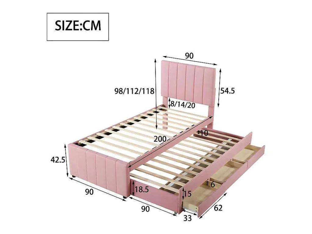 Gestoffeerd Linnen Bed 90X200Cm - Met Onderschuifbed Op Wielen En 3 Lades - Roze-ModernLuxe Clearance