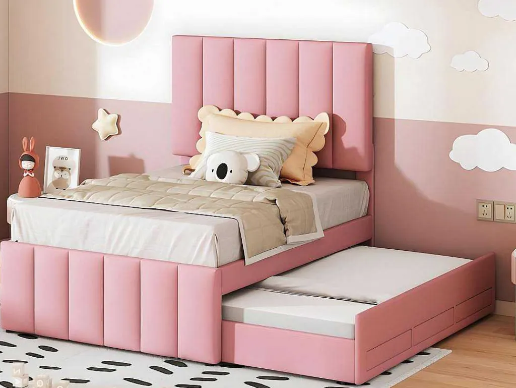 Gestoffeerd Linnen Bed 90X200Cm - Met Onderschuifbed Op Wielen En 3 Lades - Roze-ModernLuxe Clearance