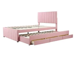 Gestoffeerd Linnen Bed 140X200Cm - Met Onderschuifbed Op Wielen En 3 Lades - Roze-ModernLuxe Clearance
