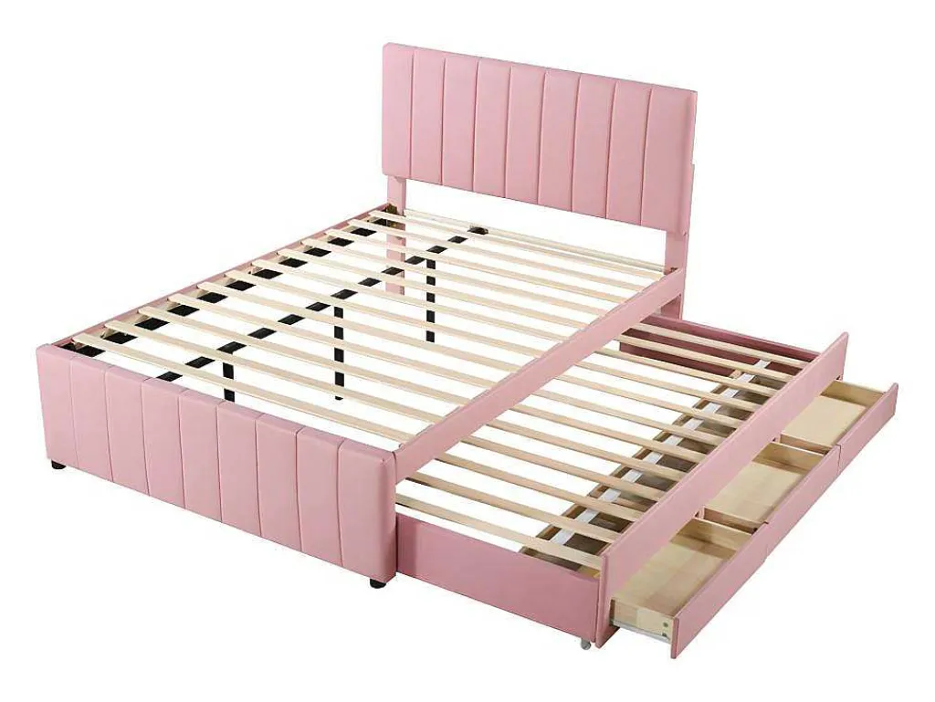 Gestoffeerd Linnen Bed 140X200Cm - Met Onderschuifbed Op Wielen En 3 Lades - Roze-ModernLuxe Clearance