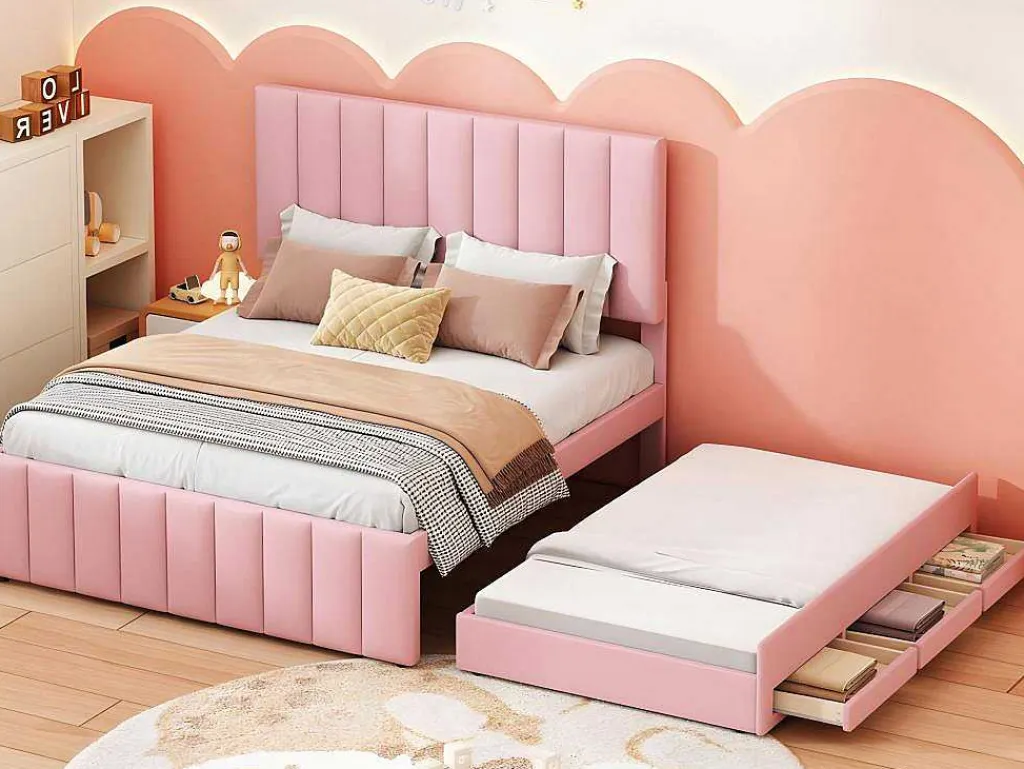 Gestoffeerd Linnen Bed 140X200Cm - Met Onderschuifbed Op Wielen En 3 Lades - Roze-ModernLuxe Clearance