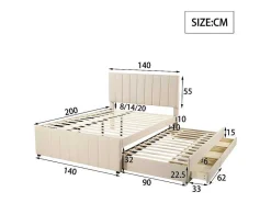 Gestoffeerd Linnen Bed 140X200Cm - Met Onderschuifbed Op Wielen En 3 Lades - Beige-ModernLuxe Best
