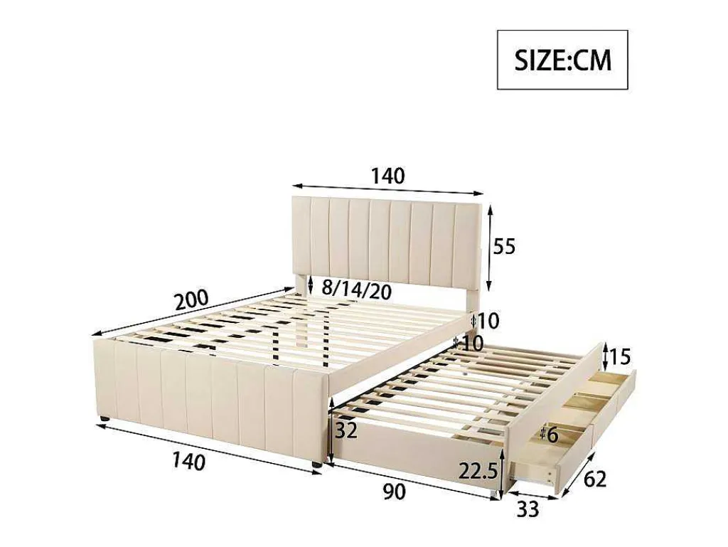 Gestoffeerd Linnen Bed 140X200Cm - Met Onderschuifbed Op Wielen En 3 Lades - Beige-ModernLuxe Best
