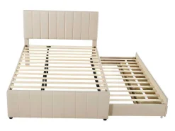 Gestoffeerd Linnen Bed 140X200Cm - Met Onderschuifbed Op Wielen En 3 Lades - Beige-ModernLuxe Best