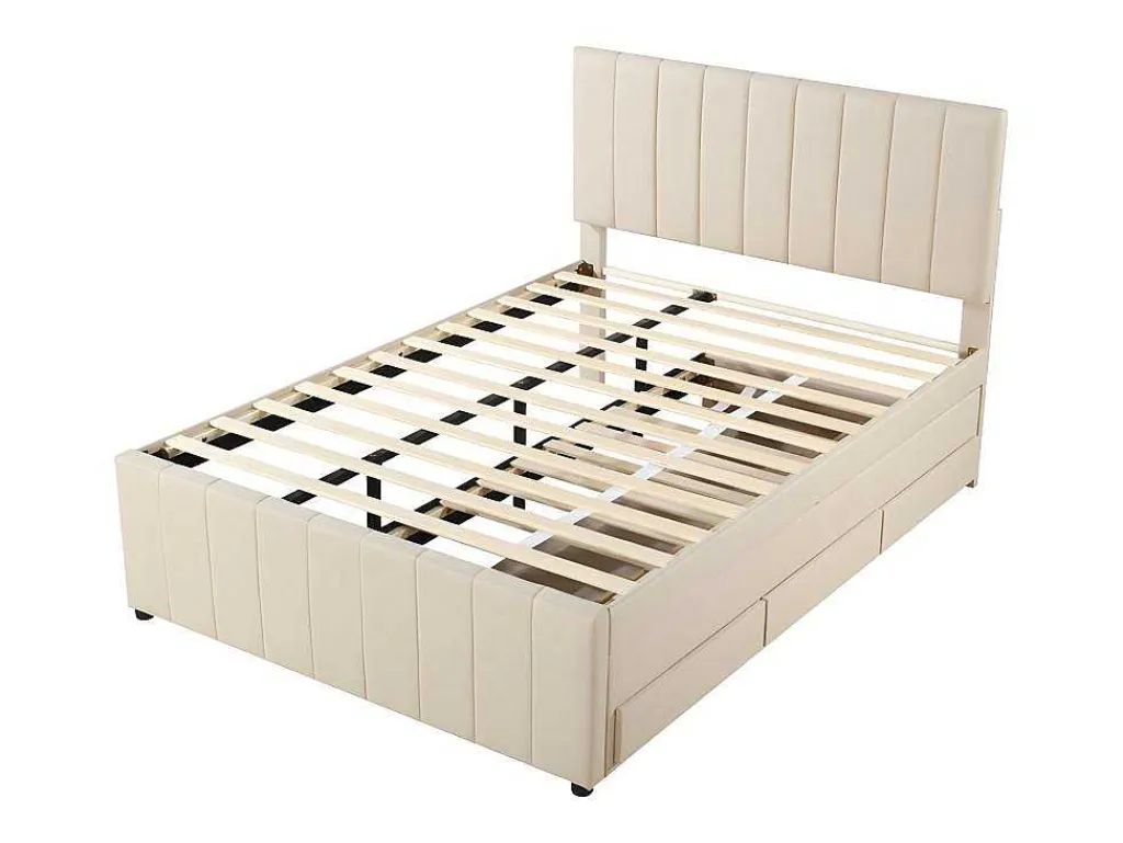 Gestoffeerd Linnen Bed 140X200Cm - Met Onderschuifbed Op Wielen En 3 Lades - Beige-ModernLuxe Best