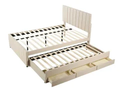 Gestoffeerd Linnen Bed 140X200Cm - Met Onderschuifbed Op Wielen En 3 Lades - Beige-ModernLuxe Best